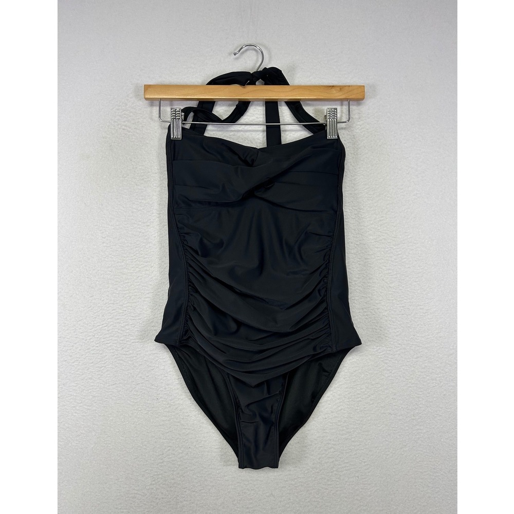 Retro Chic Unbranded Women M Black Ruched Twist Front Halter One Piece Swimsuit